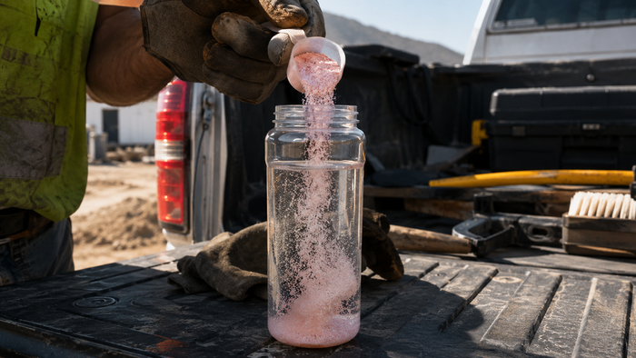 Scoop of pink Himalayan salt electrolyte powder being mixed into a water bottle on a worksite