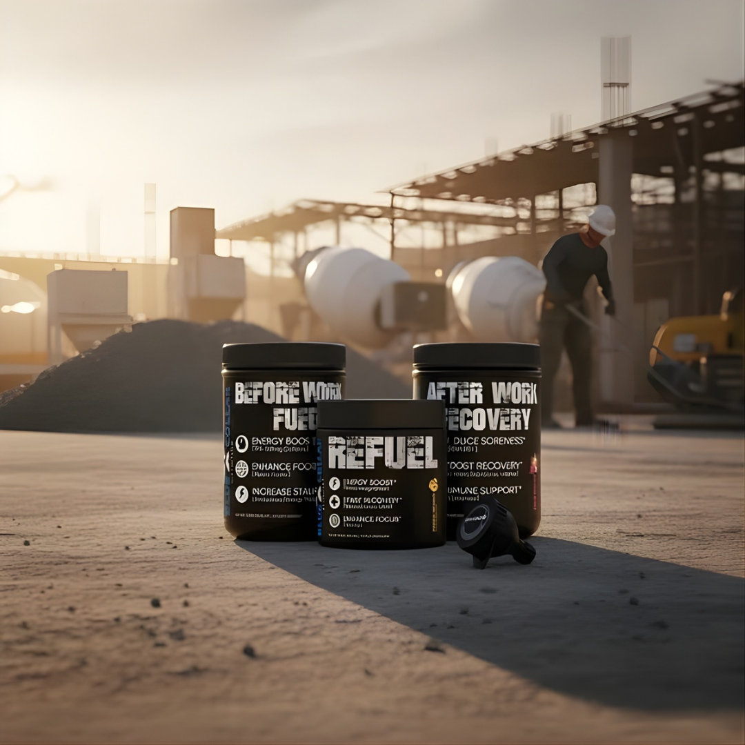 Blue-collar worker on a long shift with Before Work Fuel, Refuel, and After Work Recovery supplements arranged on a workbench