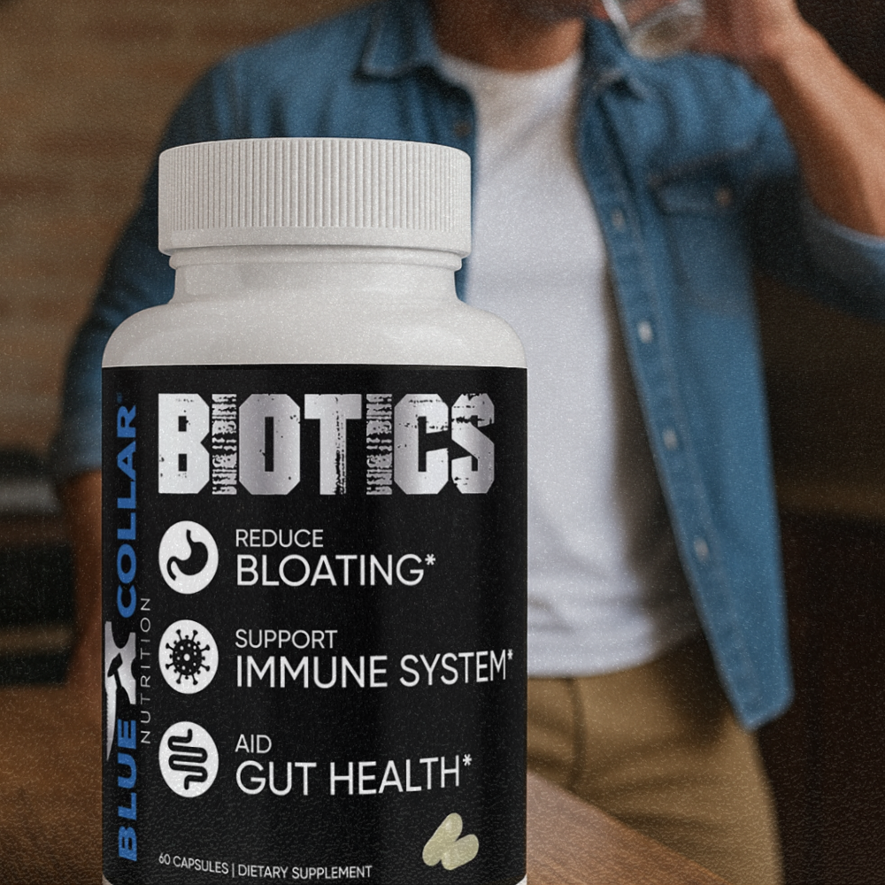 Blue Collar Nutrition Biotics probiotic supplement supporting daily gut health and energy for hard-working bodies