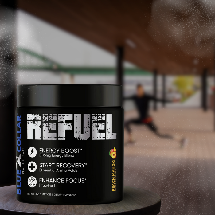 Refuel energy drink guide — Blue Collar Nutrition amino acid energy powder with 5,000mg Amino Blend including all 9 EAAs, 125mg clean caffeine, Theobromine, and Green Tea Extract for hard worker recovery