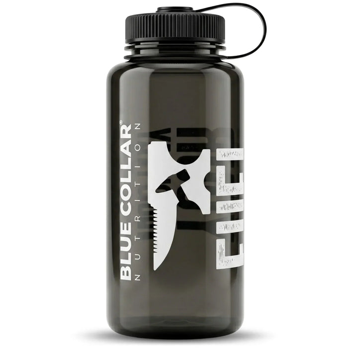 Clear Tritan wide mouth water bottle on a job site, a BPA-free reusable bottle for daily work use