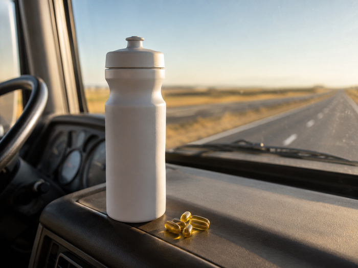 Shaker bottle and daily supplements on a parked semi truck dashboard with the highway ahead