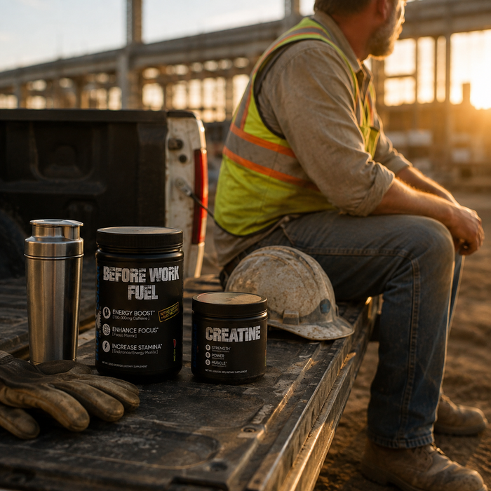 Blue-collar worker resting on a truck tailgate after a shift with Blue Collar Nutrition Creatine and Muscle Fuel