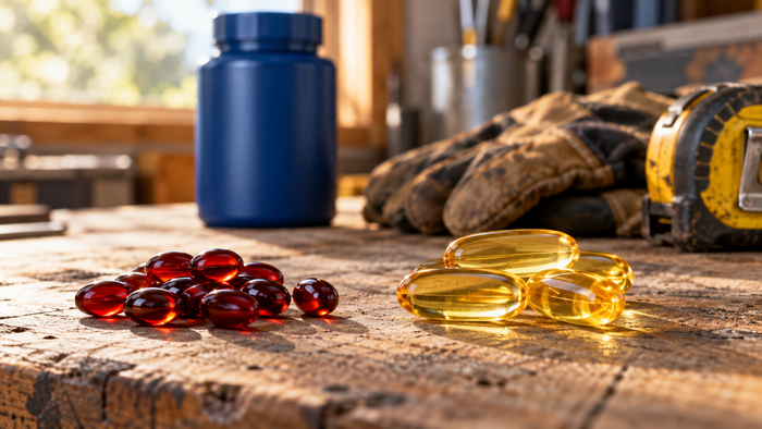 Krill oil softgels next to a fish oil softgel on a workbench, comparing omega-3 supplements