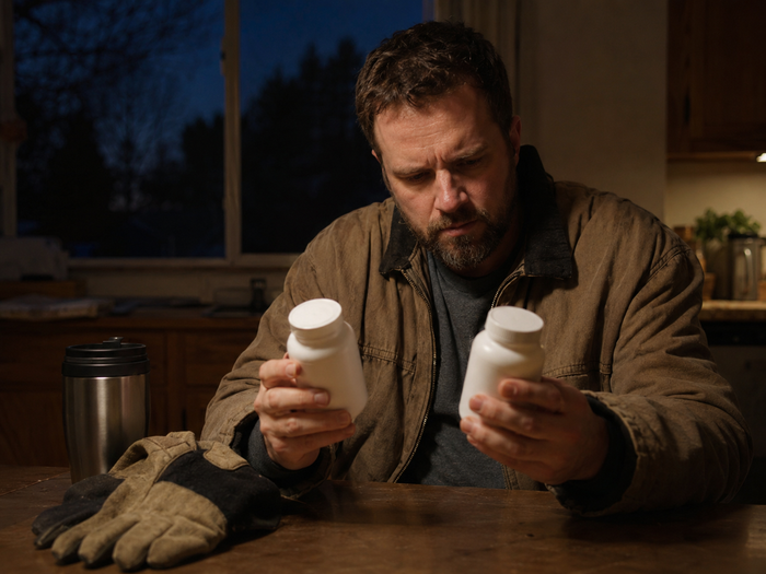 Worker comparing two supplement bottle labels at a kitchen table before an early shift
