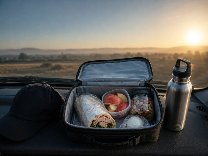 Police officer's cooler bag and water bottle in a patrol car during a 12-hour shift