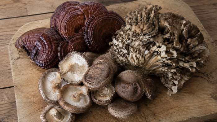 Reishi, Shiitake, and Maitake mushrooms used in a prostate health supplement blend for men over 40