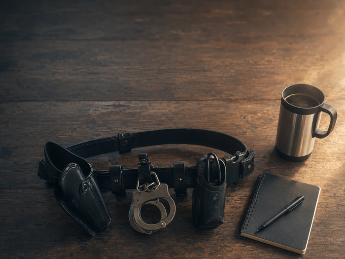 Police duty belt with gear laid out on a wooden table at sunrise, representing daily preparation for a law enforcement shift