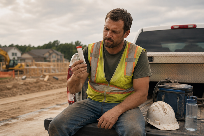 Blue-collar worker examining a stick-pack fat burner supplement at a job site break, comparing labels