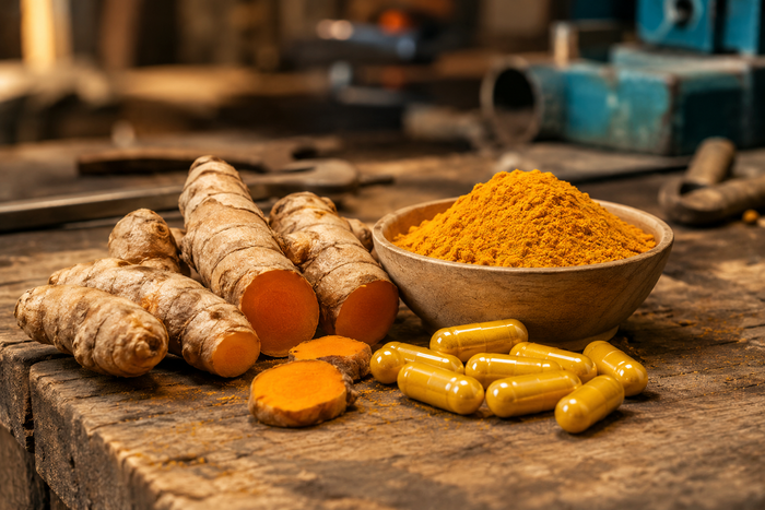 Turmeric root powder and capsules on a workbench, supplement for joint health for hard workers