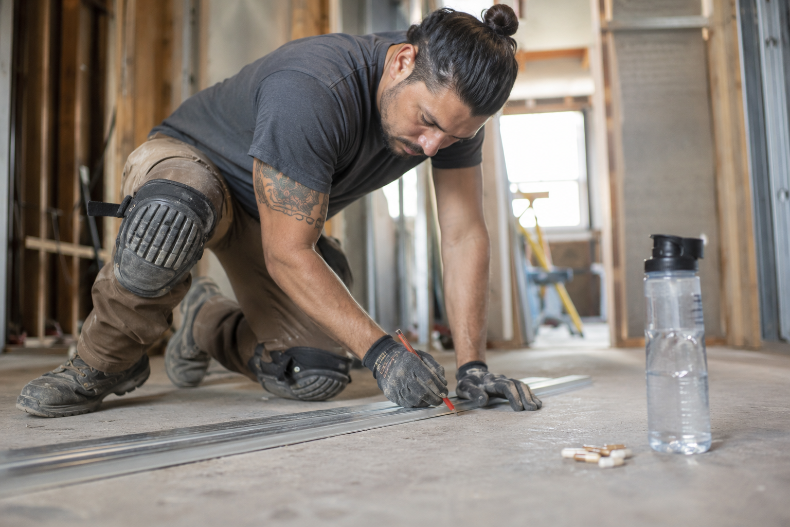 Construction worker kneeling on hard floor wearing knee pads, vitamins and supplements for sore knees for hard workers