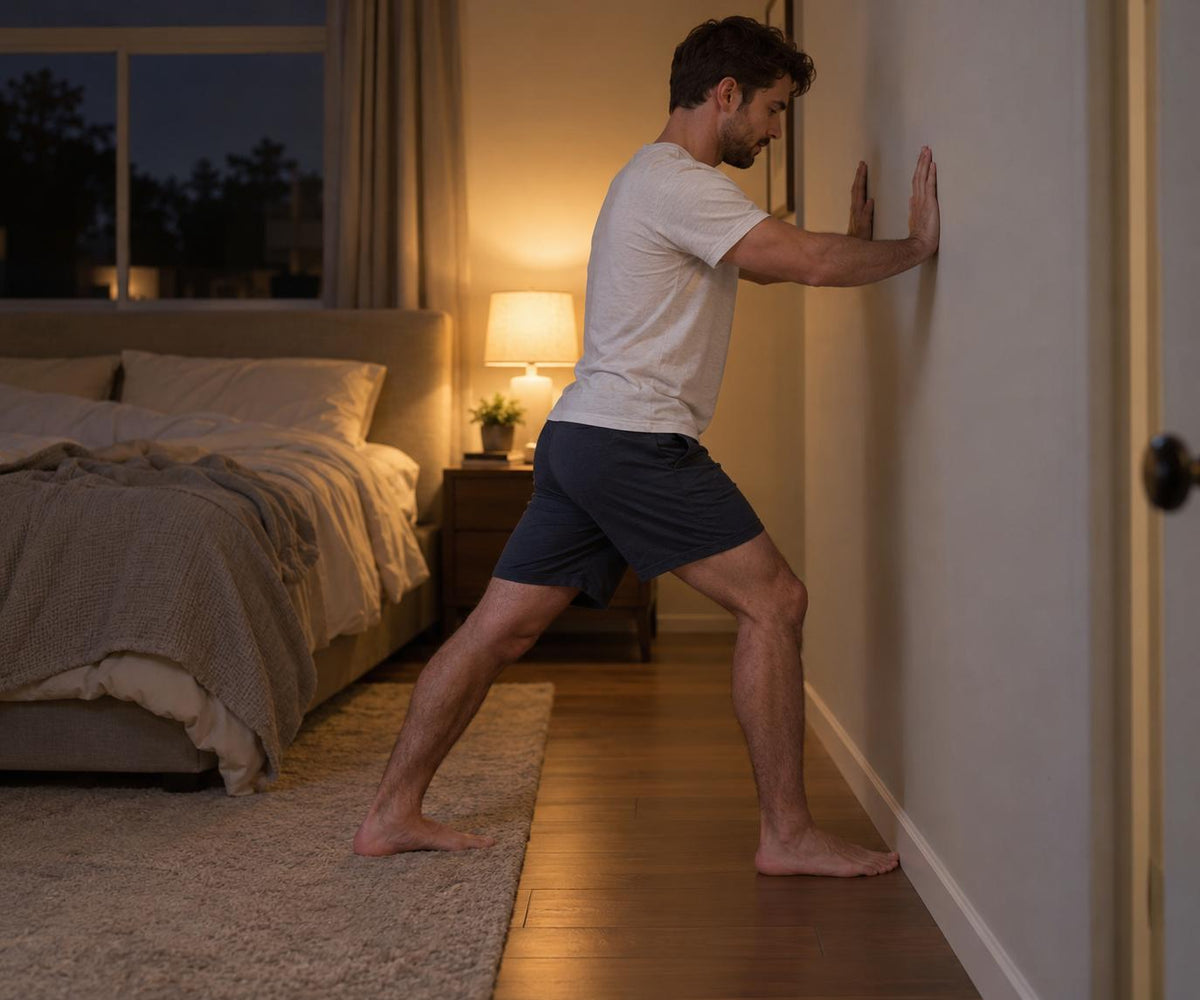 Man stretching his calf against a wall before bed to ease night leg cramps