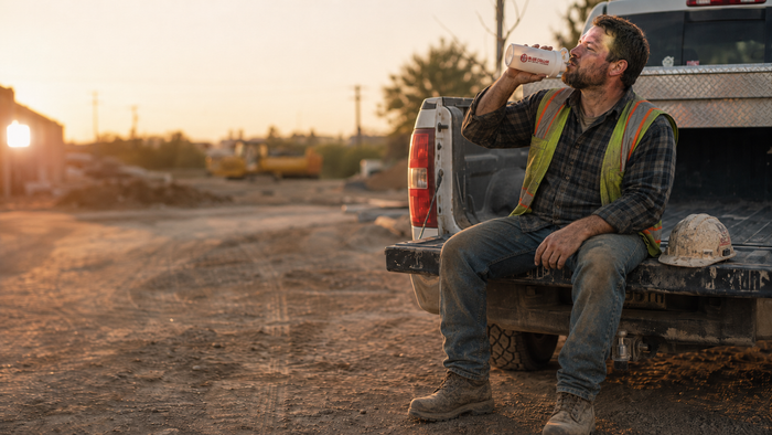Tradesperson resting on truck tailgate after long shift drinking After Work Recovery