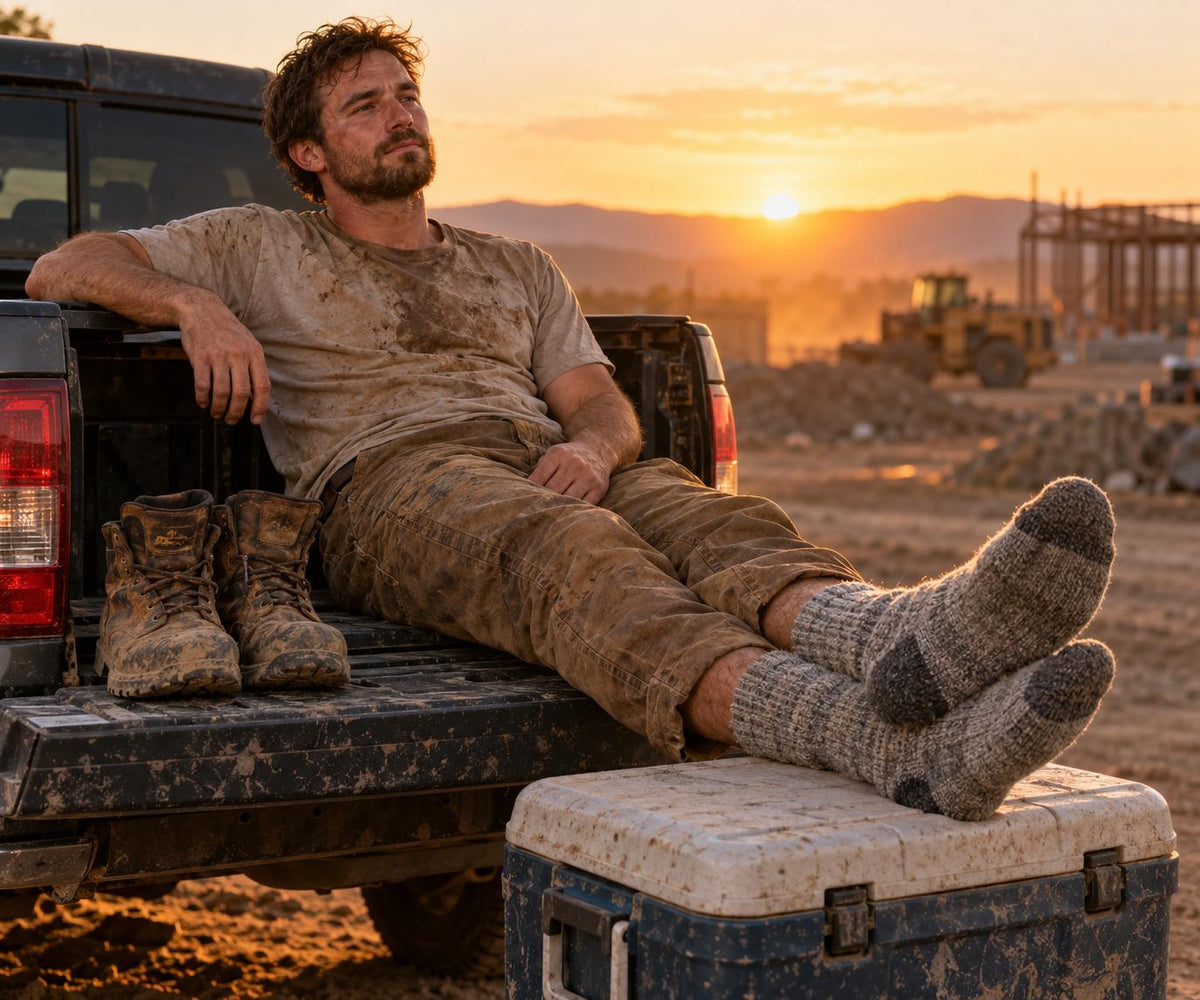 Worker sitting on a truck tailgate after a shift with work boots off and feet resting