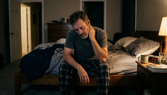 Man in his 50s sitting on the edge of his bed at night, tired from waking up multiple times to pee