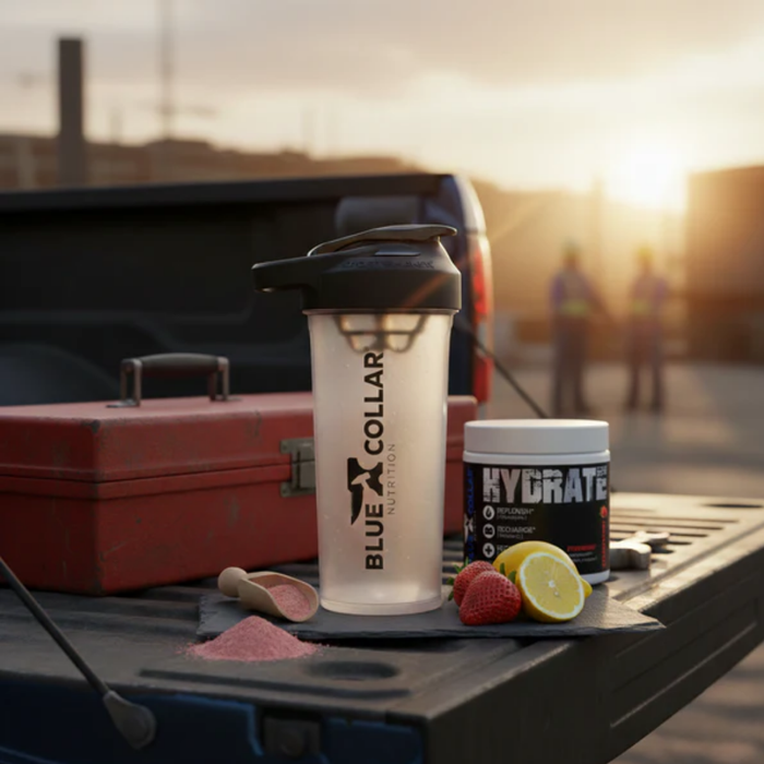 Stop leg cramps and brain fog with proper hydration — Blue Collar Nutrition Hydrate electrolyte powder for construction workers, tradespeople, and physical workers in the heat