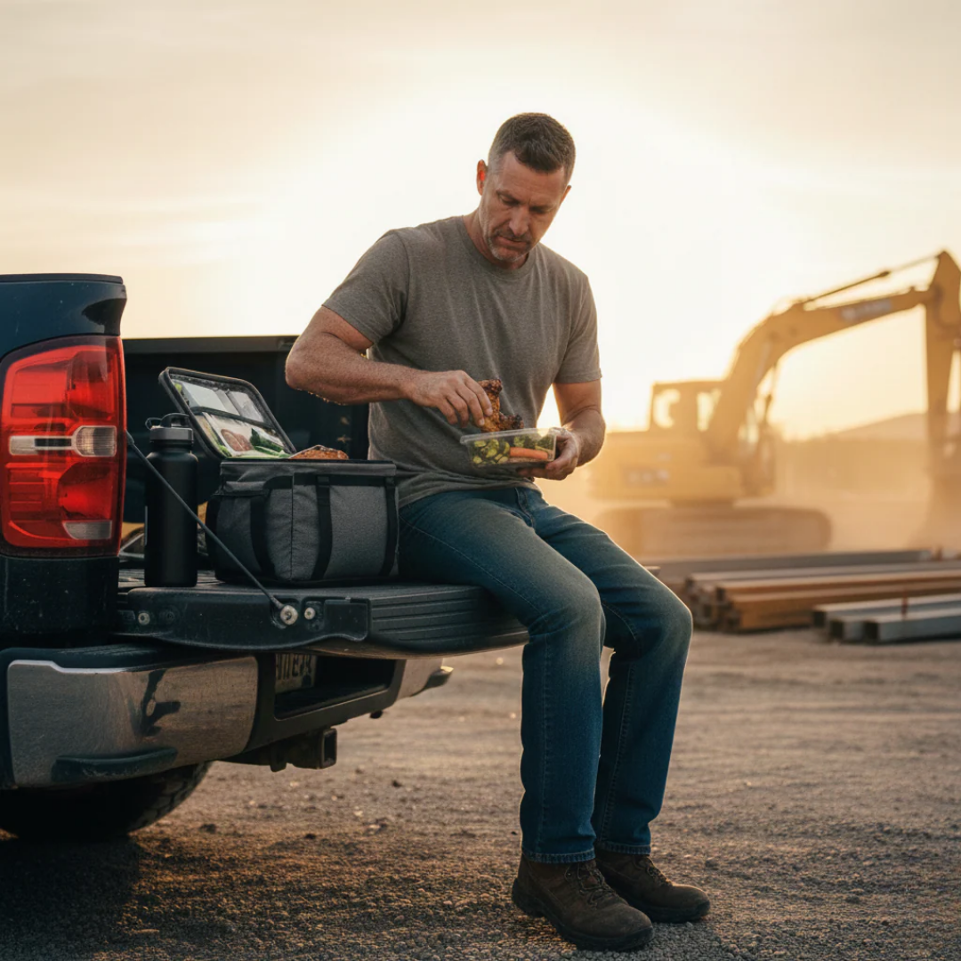 60-hour work week survival guide — blue collar worker with hard hat, work boots, and Before Work Fuel powdered energy drink ready for a long shift