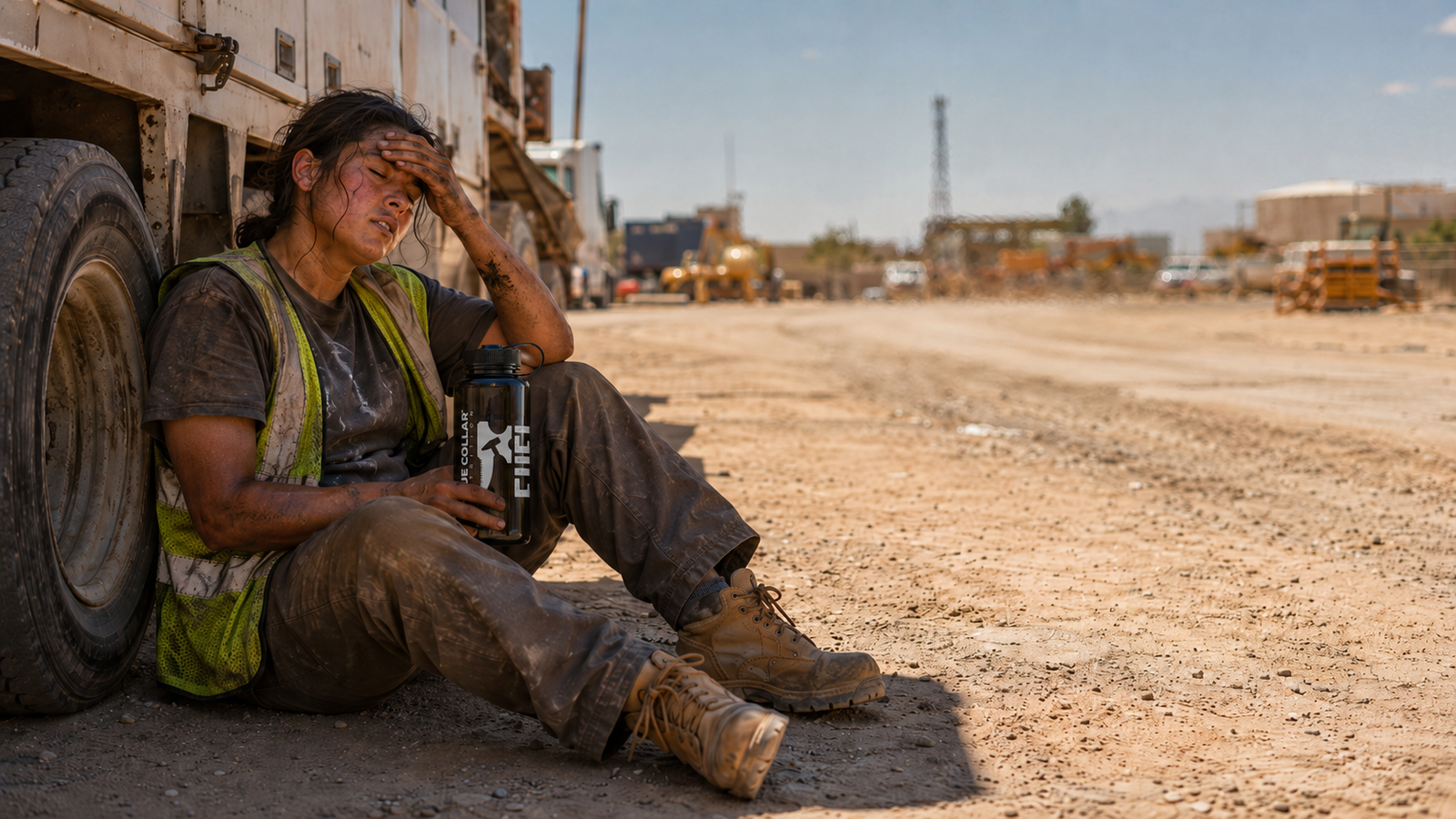 Hard worker resting in the shade drinking electrolyte water on a hot job site