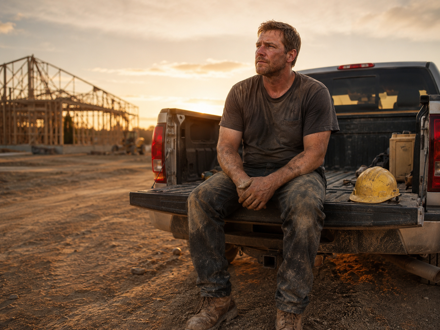 Featured image alt text: Exhausted construction worker sitting on tailgate of work truck at end of shift, hard hat beside him, sunset over job site