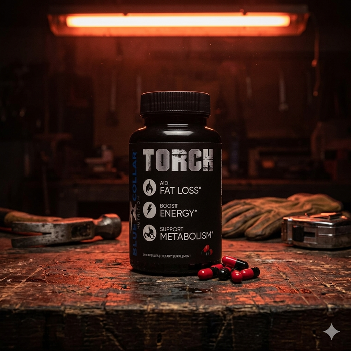 Thermogenic fat burner supplement bottle on workbench with tools, Blue Collar Nutrition guide