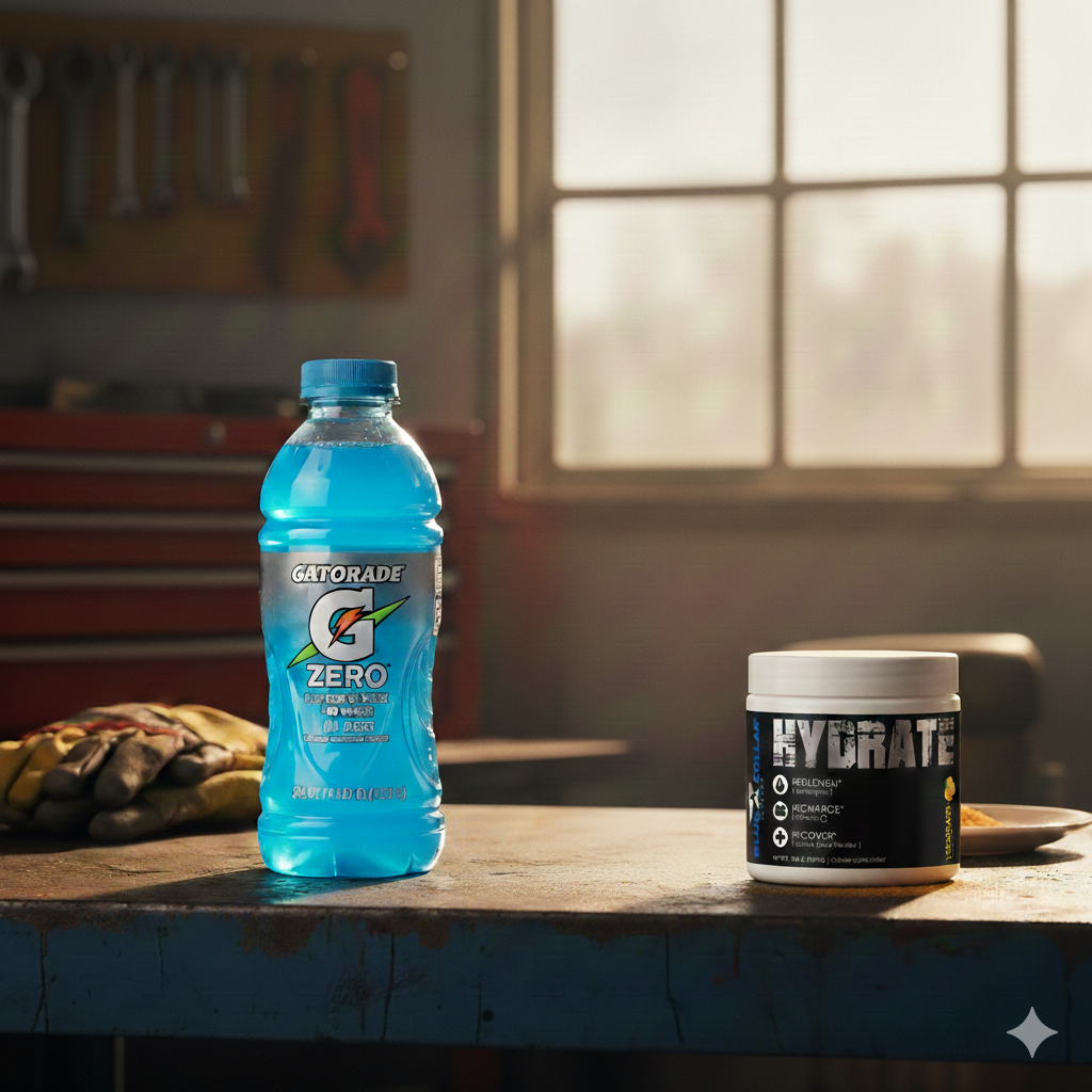 Gatorade Zero bottle next to Blue Collar Nutrition Hydrate electrolyte powder on a worksite tailgate