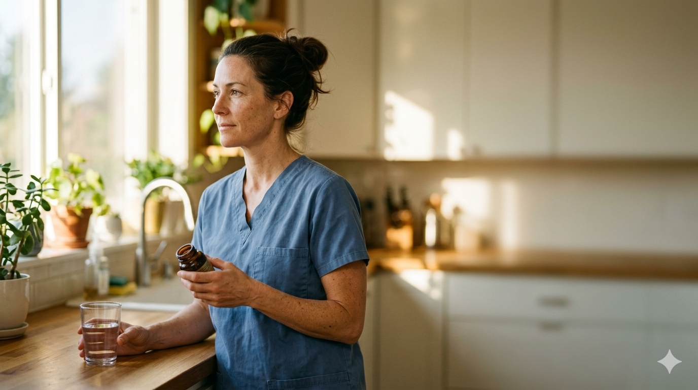 Energetic woman taking daily energy vitamins in her morning routine