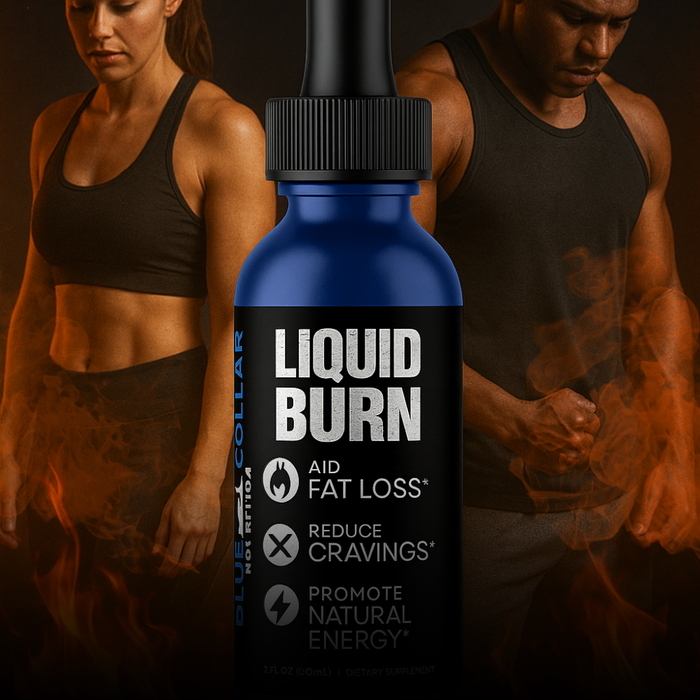 Liquid fat burner dropper bottle on workbench with tape measure and gloves, Blue Collar Nutrition guide