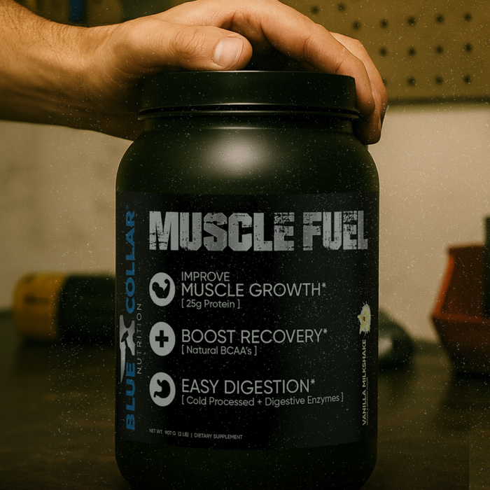 BCN Muscle Fuel cold-processed whey protein blend with digestive enzymes — built for hard workers and tradespeople