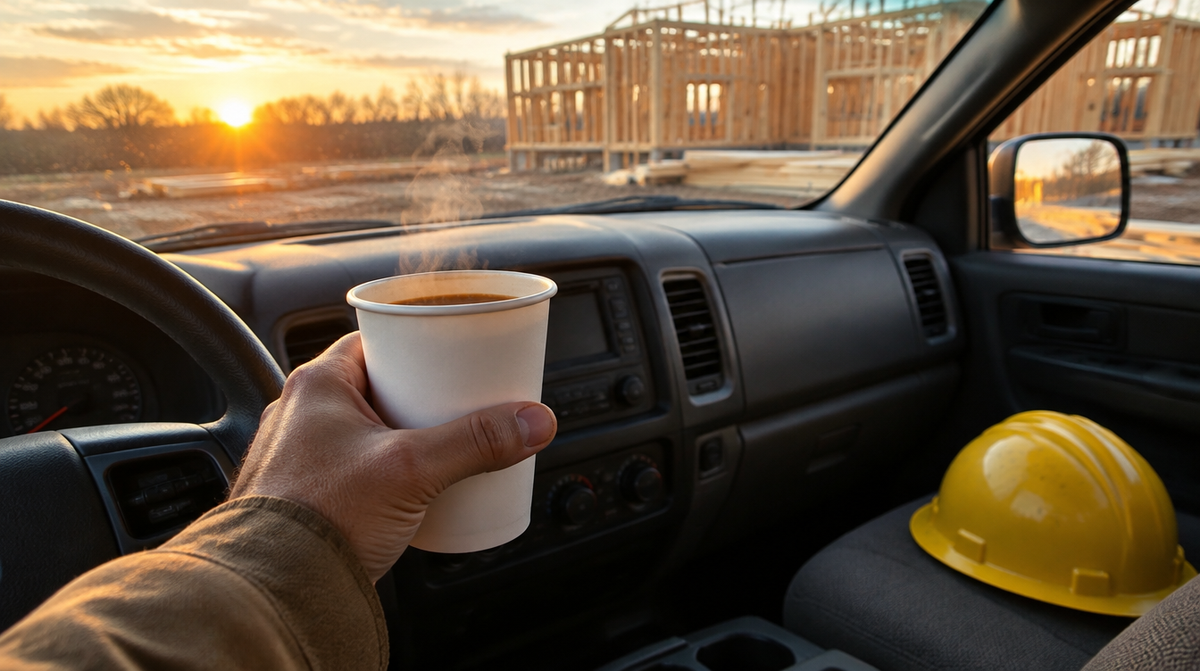 Worker holding a coffee cup in a truck cab at sunrise before the start of a shift
