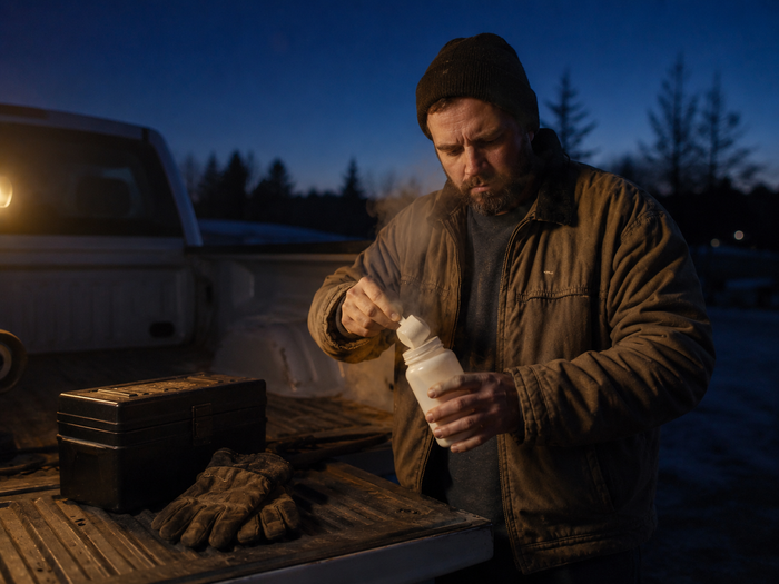 Worker mixing a supplement powder in a shaker bottle on a truck tailgate before dawn