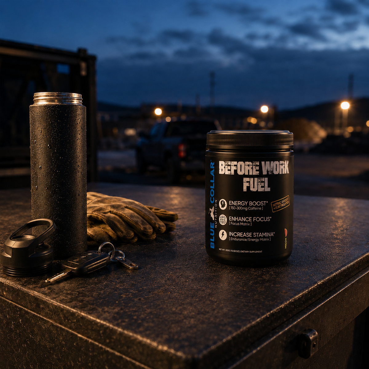 Before Work Fuel powdered energy drink on a truck tailgate before a shift