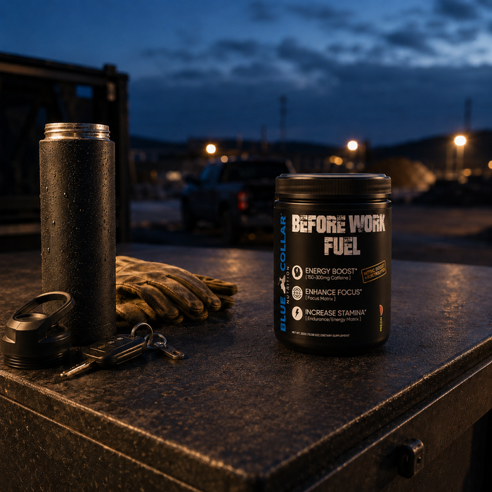 Before Work Fuel powdered energy drink on a truck tailgate before a shift