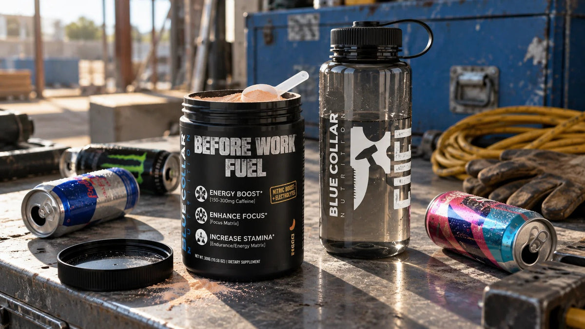 Blue Collar Nutrition Before Work Fuel powder beside a water bottle and empty energy drink cans on a jobsite workbench.