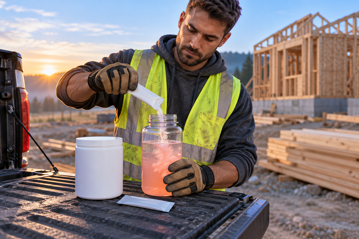 Construction worker mixing a powdered energy drink on a truck tailgate at dawn, with a supplement jar and a single-serve sachet side by side