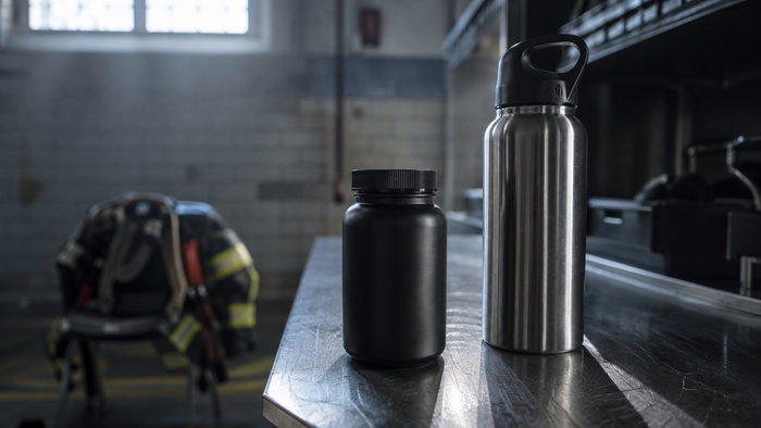 Omega fish oil softgel bottle on a station kitchen counter beside a filled water bottle