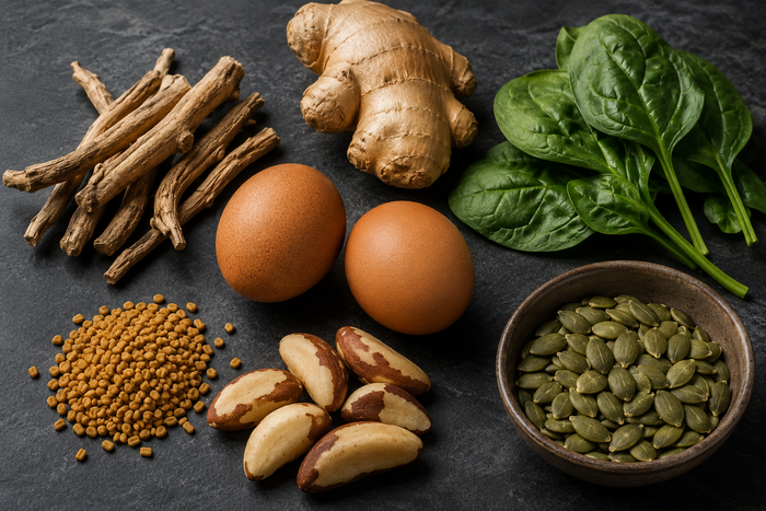 Natural herbs and minerals that support healthy testosterone, including tongkat ali root, maca root, ginseng, and zinc-rich pumpkin seeds