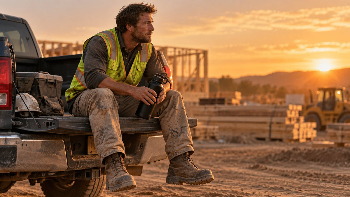 Construction worker in a hi-vis vest resting on a tailgate after a shift, holding a water bottle