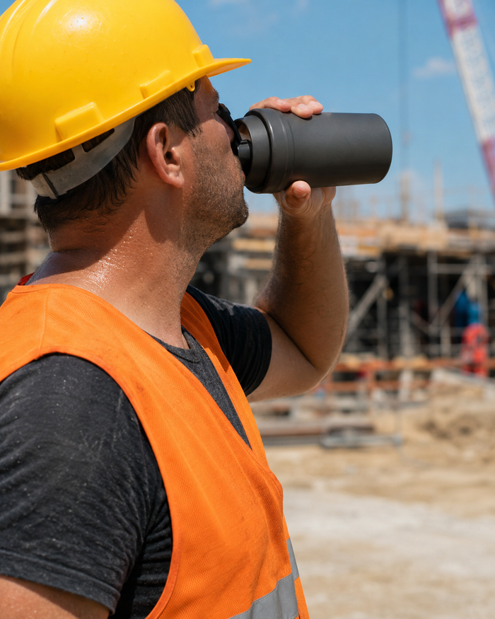 Construction worker in a hard hat and hi-vis vest drinking from a shaker bottle at a sunny jobsite