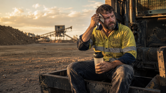 Tired blue collar worker on a long shift mixing a Blue Collar Nutrition energy supplement to fight fatigue