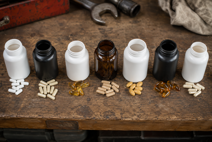 Side-by-side supplement bottles and capsules on a workbench, comparing knee joint supplement options for hard workers