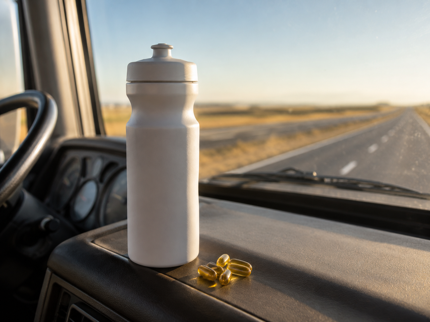Shaker bottle and daily supplements on a parked semi truck dashboard with the highway ahead