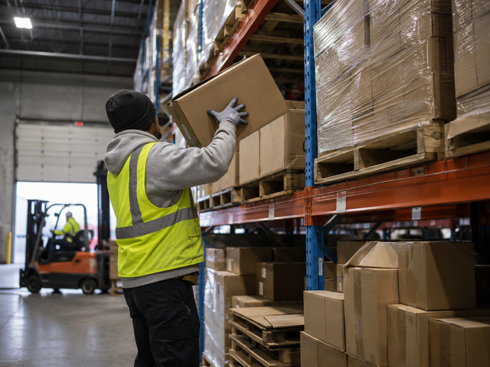 Warehouse worker in a safety vest lifting a box in a distribution center aisle