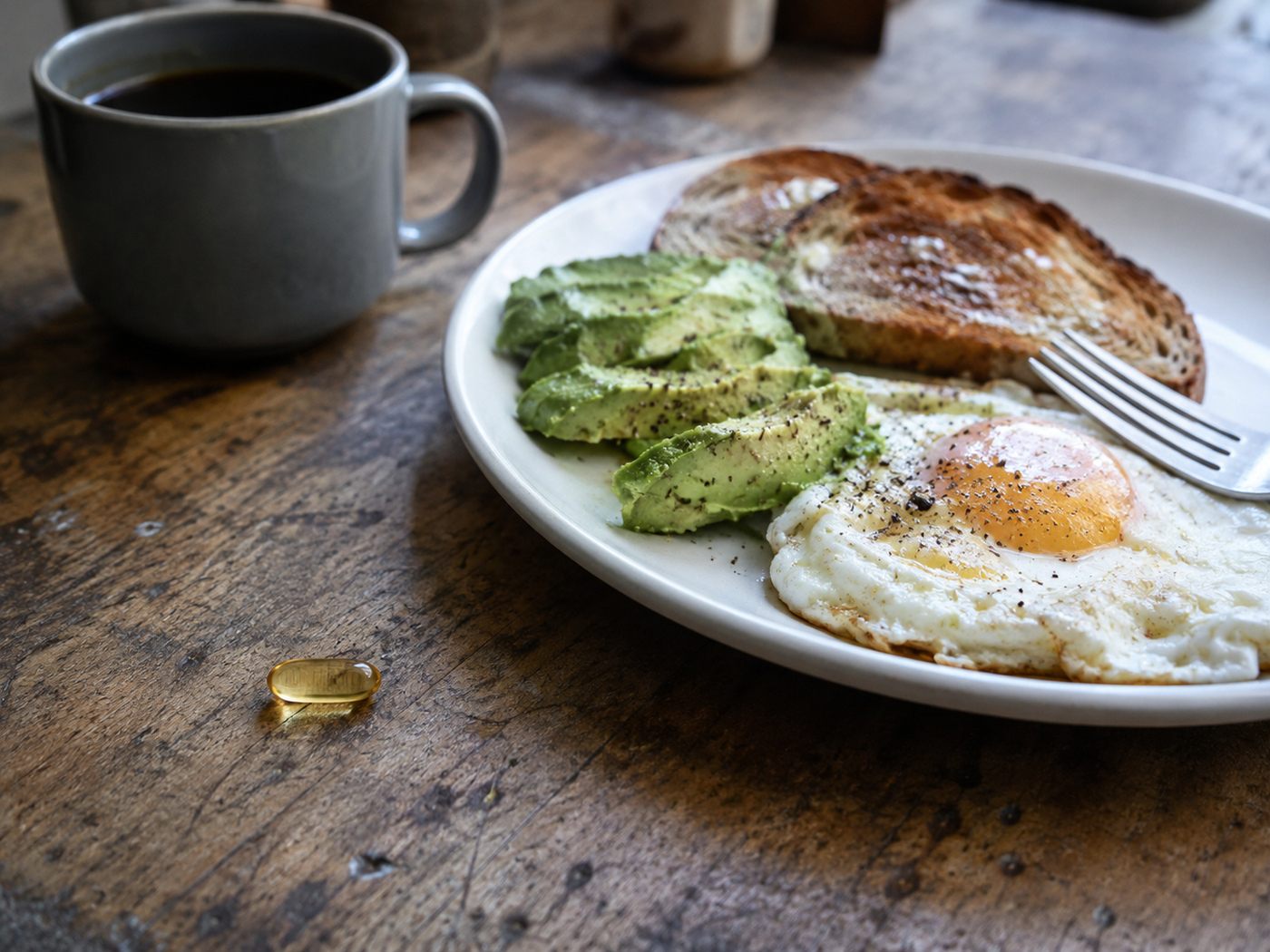 Omega-3 fish oil softgel beside a breakfast plate, illustrating the best time to take fish oil with a meal