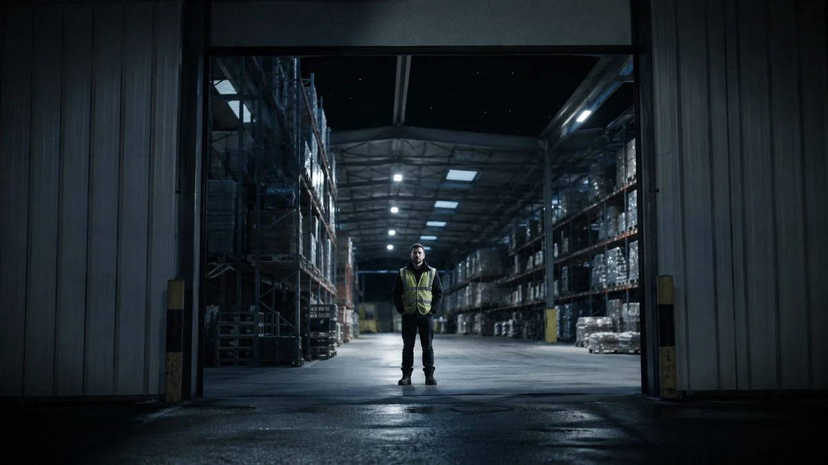 Night shift warehouse worker standing between storage racks during an overnight shift