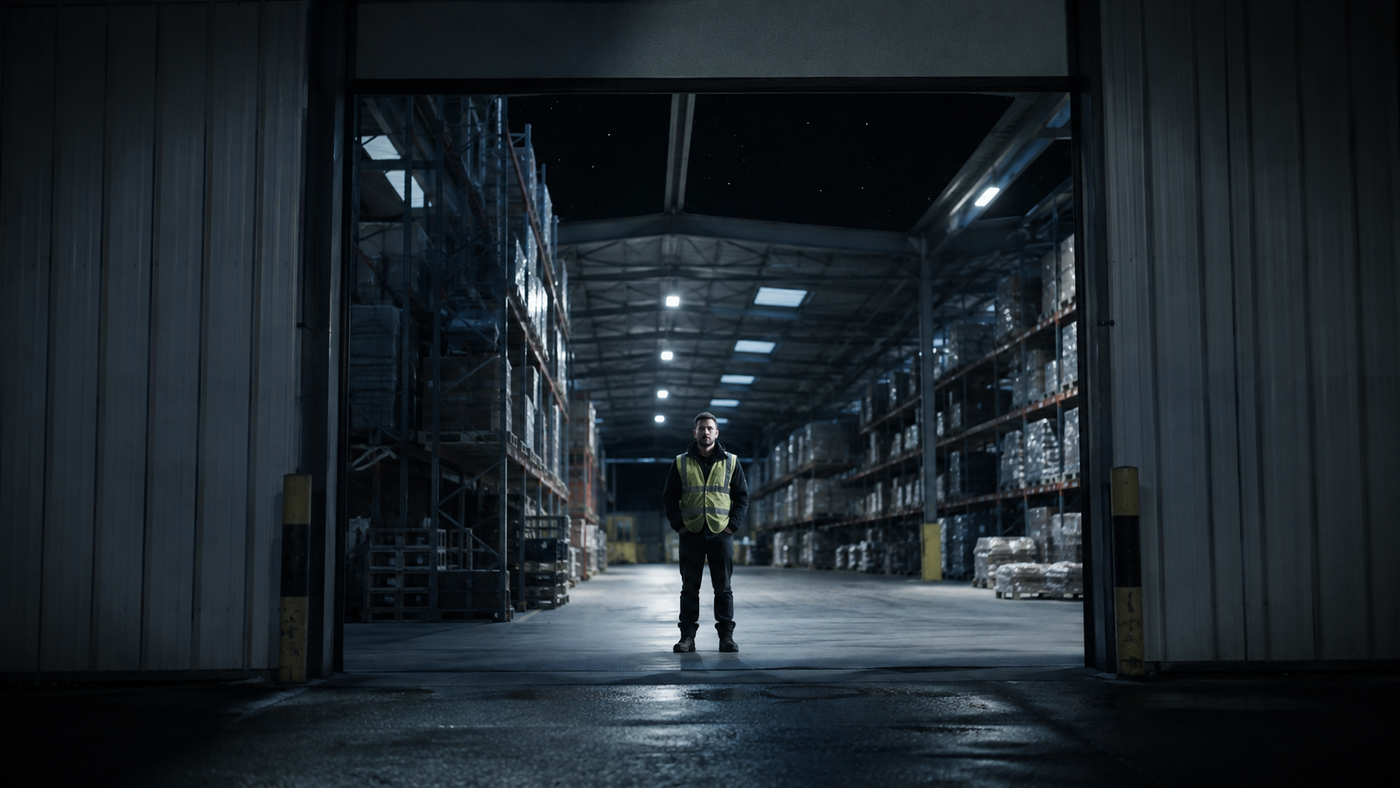 Warehouse worker on a night shift under overhead lights with a bottle of daily multivitamins