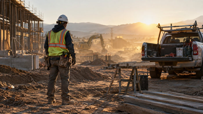 Construction worker in high-visibility gear at the start of an early morning shift