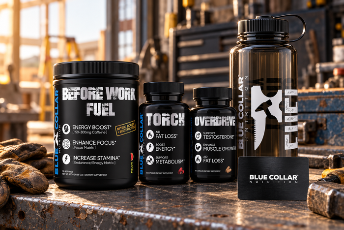 Blue Collar Nutrition products including Before Work Fuel, Torch, and Overdrive Men's