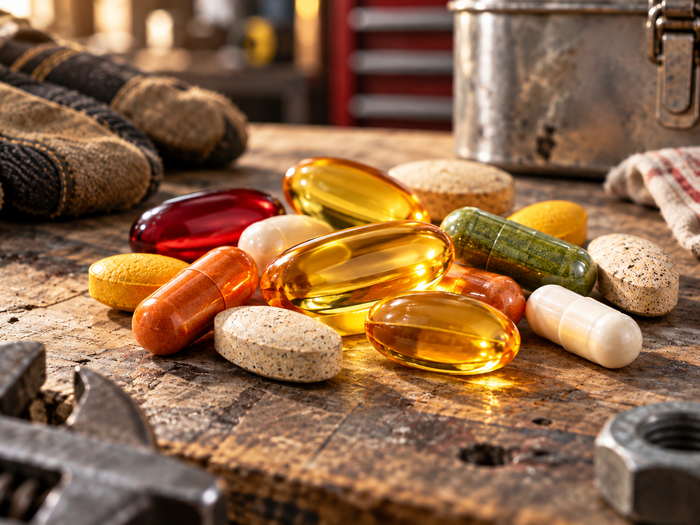 Assorted vitamins and supplement capsules arranged on a weathered workbench with work gloves and tools in a blue collar shop setting