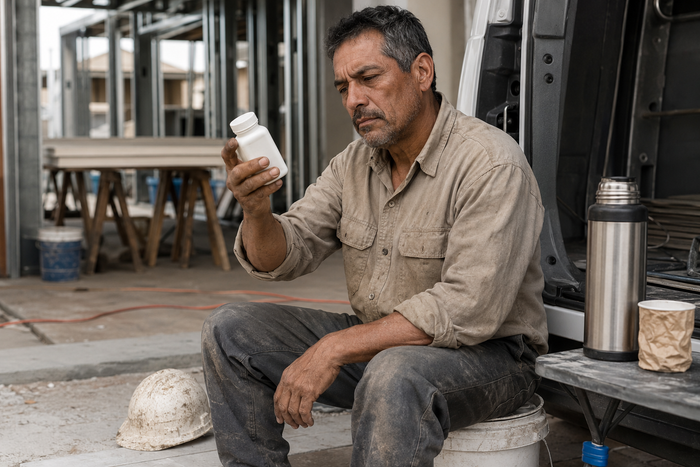 Construction worker on a break reading the ingredient panel on a supplement bottle, checking whether a caffeine-free thermogenic fat burner really is stimulant-free