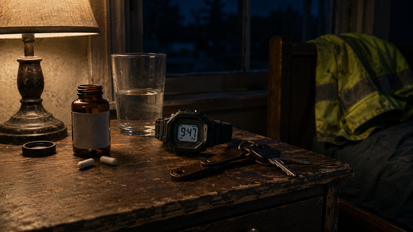 Night time fat burner capsules on a nightstand beside a work watch and truck keys after a long shift